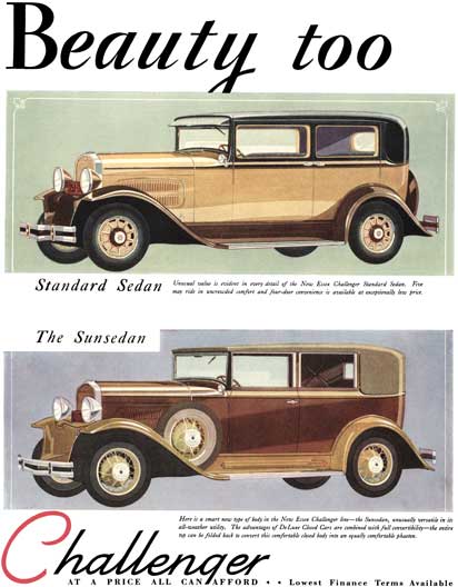 Essex 1930 - Essex Ad - Essex Challenger - Beauty too Standard Sedan, The Sunsedan