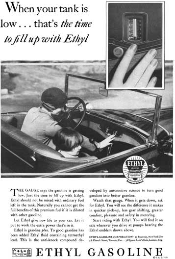 Ethyl 1929 - Ethyl Gasoline Ad - When your tank is low… that's the time to full up with Ethyl