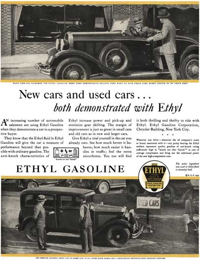 Ethyl 1930 - Ethyl Ad - New cars and used cars… both demonstrated with Ethyl