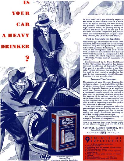 Eveready Prestone c1932 - Eveready Ad - Is Your Car a Heavy Drinker?