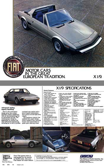 Fiat c1978 - Fiat X1/9  Spec Sheet - Fiat Motor Cars in the Great European Tradition