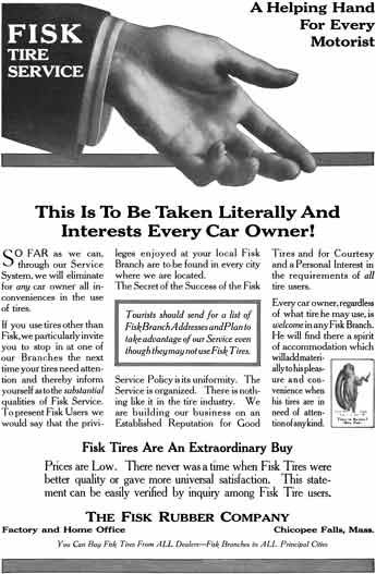 Fisk Tire 1915 - Fisk Tire Ad - A Helping Hand For Every Motorist