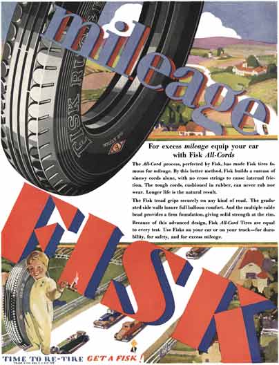 Fisk Tire 1929 - Fisk Tire Ad - For excess mileage equip your car with Fisk All-Cords