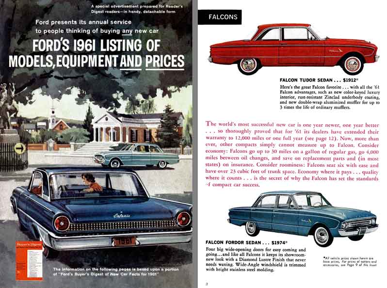 Ford 1961 Listing of Models, Equipment & Prices - Advertisement insert in Readers Digest