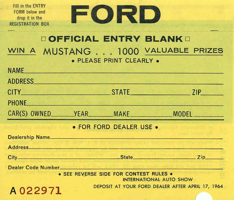 International Auto Show April 17, 1964 - Ford 1964 Official Entry Blank