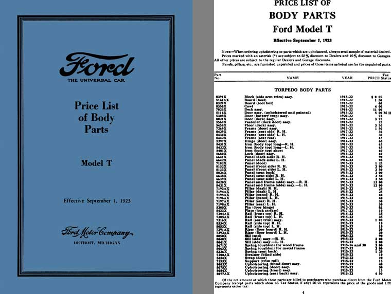 Ford Model T 1923 - Ford Price List of Body Parts Model T (September 1, 1923)