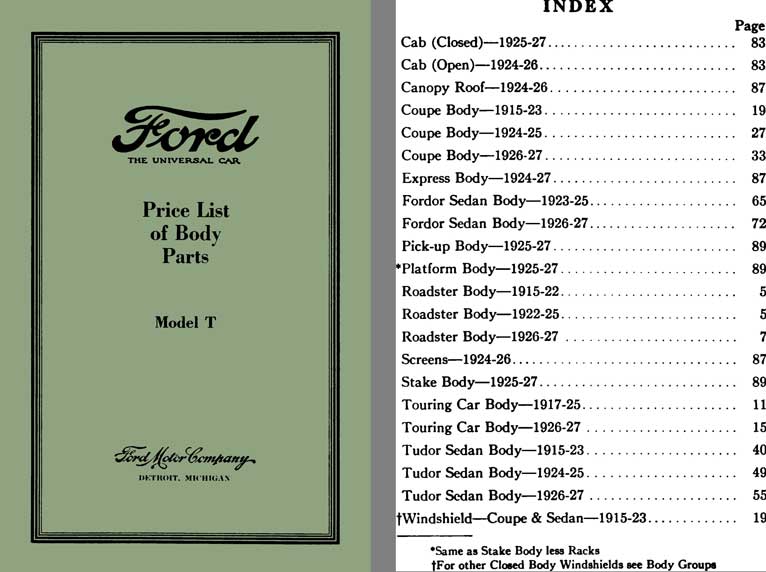 Ford Model T 1927 - Ford Price List of Body Parts Model T (March 15, 1927)