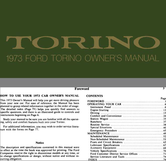 Torino Ford 1973 - Torino 1973 Ford Torino Owner's Manual