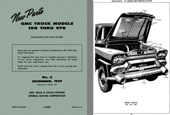 General Motors - New Parts GMC Truck Models 100 thru 970 No. 2 December, 1957  Commencing SN #S-1001
