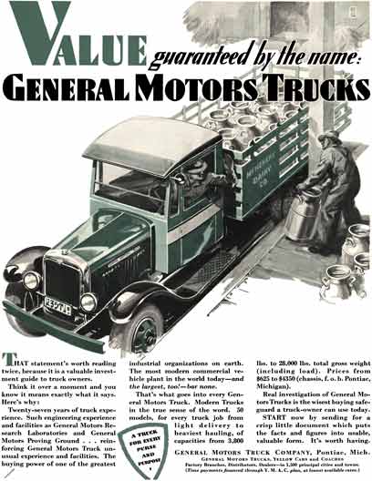 General Motors 1929 - GM Truck Ad - Value guaranteed by the Name: General Motors Trucks