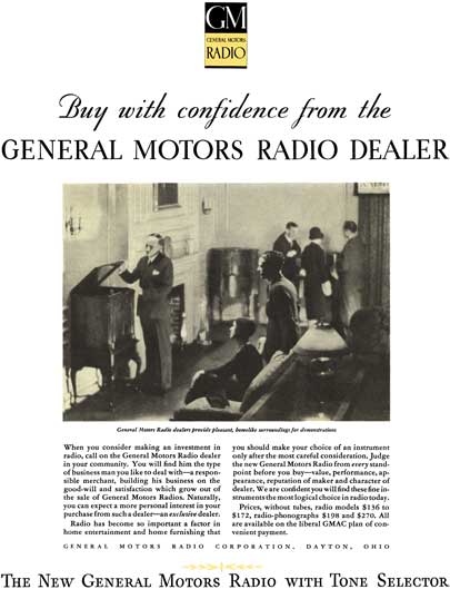 General Motors 1930 - GM Ad - GM Radio - Buy with confidence from the General Motors Radio Dealer
