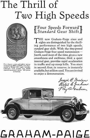 Graham Paige 1929 - Graham Paige Ad - The Thrill of Two High Speeds - Model 827 Cabriolet