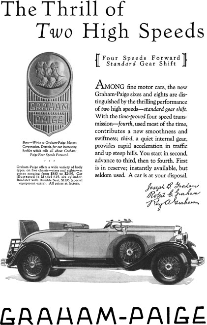 Graham Paige c1929 - Graham Paige Ad - The Thrill of Two High Speeds - Model 615