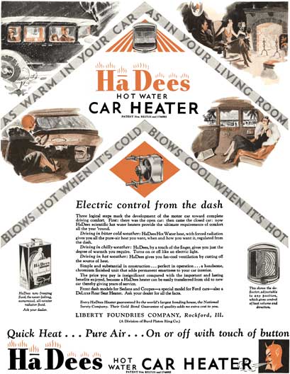 HaDees 1930 - HaDees Ad - HaDees Hot Water Car Heater - Electric control from the dash