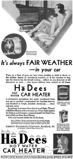 HaDees 1930 - HaDees Ad - It's always Fair Weather in your car - HaDees Hot Water Car Heater