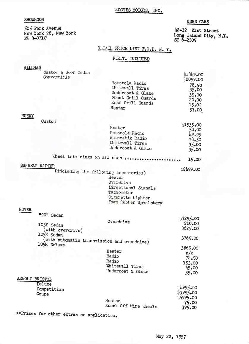 Rootes Motors Inc. - Hillman 1957 Retail Price List