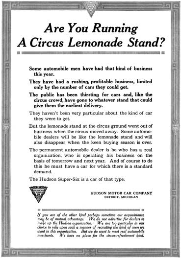 Hudson 1917 - Ad Reprint - Are You Running A Circus Lemonade Stand?