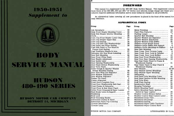 Hudson 1950 - Hudson Body Service Manual 480 - 490 Series 1950 - 1951 Supplement