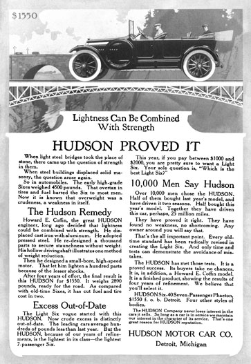 Hudson c1916 - Hudson Ad - Lightness Can Be Combined With Strength Hudson Proved It