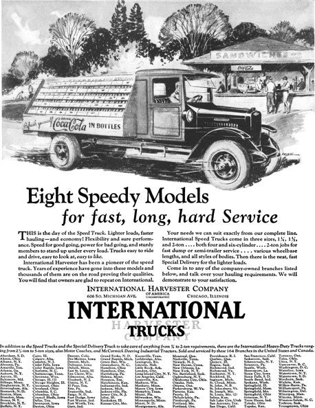 International 1928 - International Truck Ad - Eight Speedy Models for fast, long, hard Service