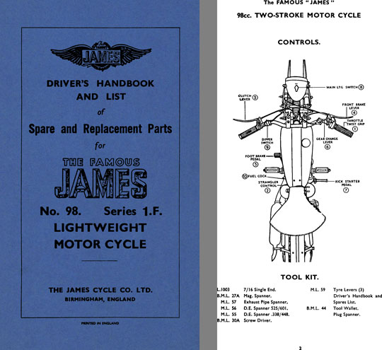 James No. 98 Series 1 F Lightweight Motor Cycle Drivers Handbook & List of Spare & Replacement Parts