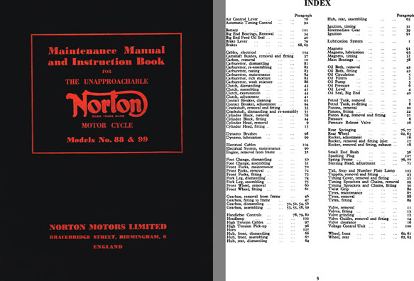 Maintenance Manual & Instuction Book for The Unapproachable Norton Motor Cycle Model No. 88 & 99