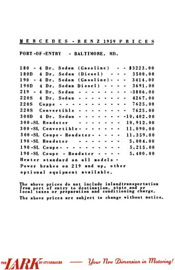 Mercedes Benz 1959 - Mercedes Benz 1959 Prices (Price Sheet) Port of Entry Baltimore, MD