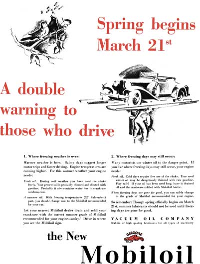 Mobiloil c1929 - Mobiloil Ad - Spring begins March 21st - A double warning to those who drive