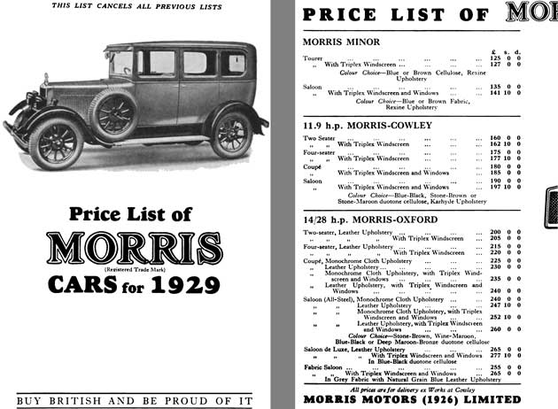Morris 1929 - Price List of Morris Cars for 1929