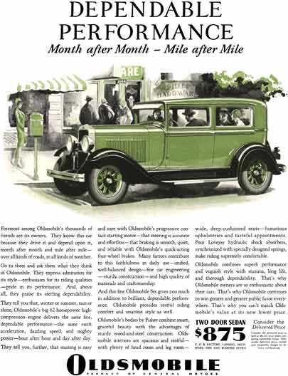 Oldsmobile 1929 - Oldsmobile Ad - Dependable Performance Month after Month - Mile after Mile