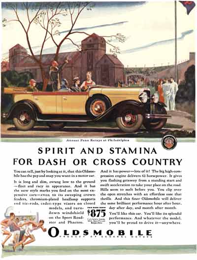 Oldsmobile 1929 - Oldsmobile Ad - Spirit and Stamina for Dash or Cross Country - Annual Penn Relays