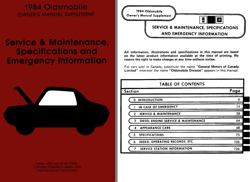 Oldsmobile 1984 Owners Manual Supplement - Service & Maintenance, Specifications & Emergency Info