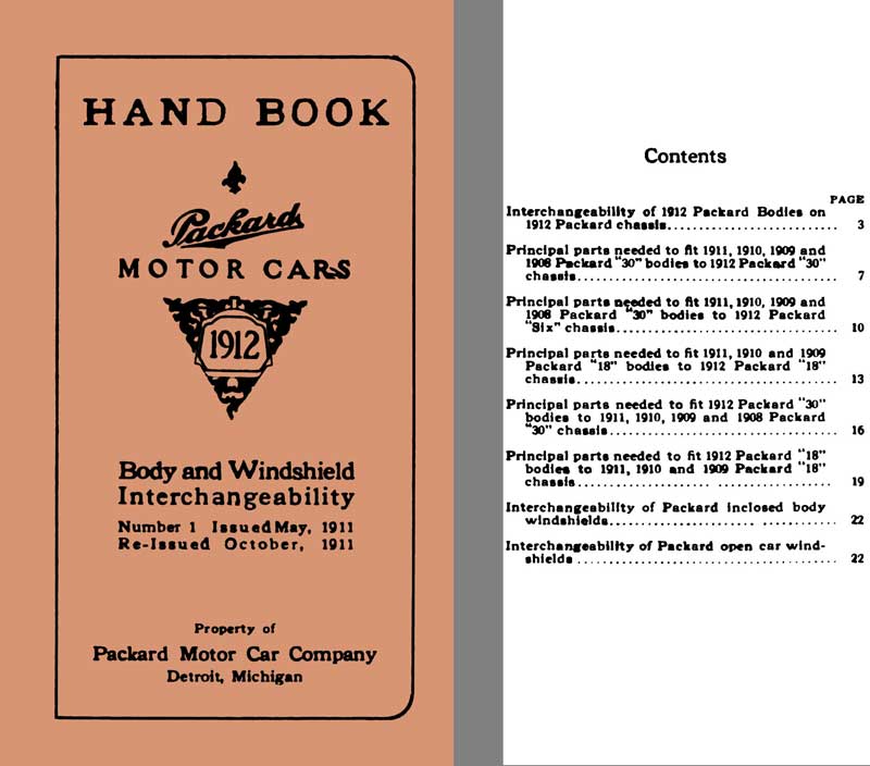 Packard 1912 - Hand Book Packard Motor Cars- Body & Windshield Interchangeability -Reissued Oct 1911