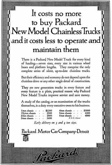 Packard 1915 - Packard Ad - It costs no more to buy Packard New Model Chainless Trucks and it costs