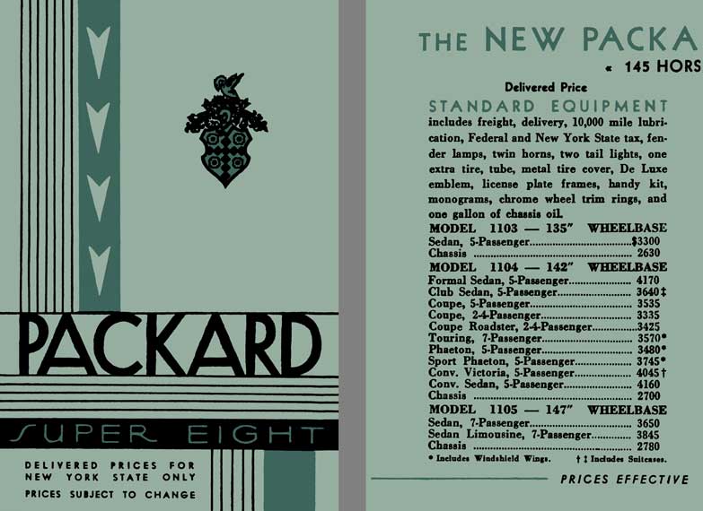 Packard 1934 - Packard Super Eight - Delivered Prices for New York State Only