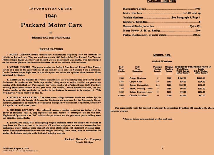 Packard 1940 - Information About 1940 Packard Motor Cars for Registration Purposes