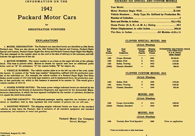 Packard 1942 - Information on the 1942 Packard Motor Cars for Registration Purposes