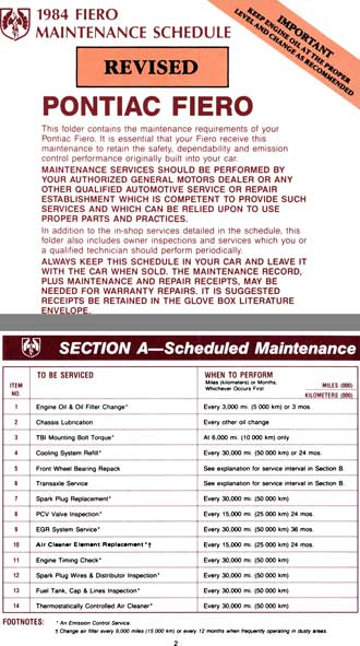 Fiero Pontiac 1984 - 1984 Fiero Maintenance Schedule - Revised