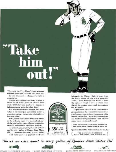 Quaker Oil 1929 - Quaker Oil Ad - Take him out! There's an extra quart in every gallon of Quaker Sta