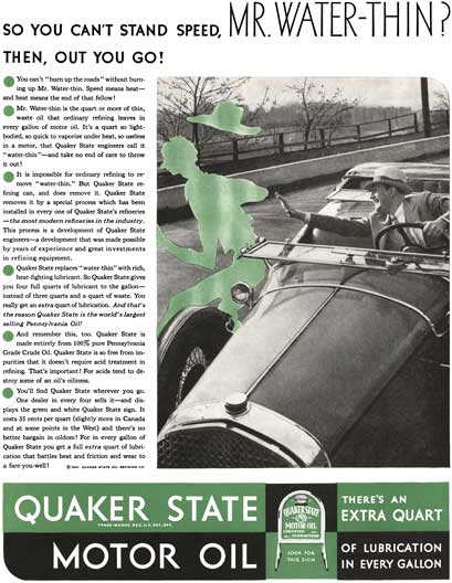Quaker State 1931 - Quaker State Ad - So you can't stand speed, Mr. Water-Thin? Then, Out You Go!