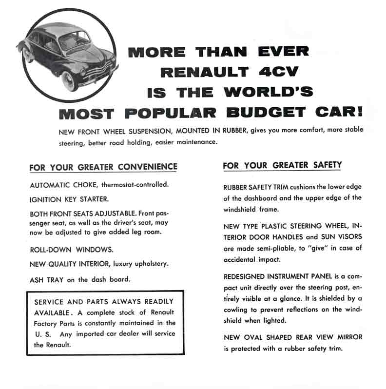 Renault 4 CV 1956 - New, Improved features of the 1956 Renault 4Cv Rear Engine U.S. Model