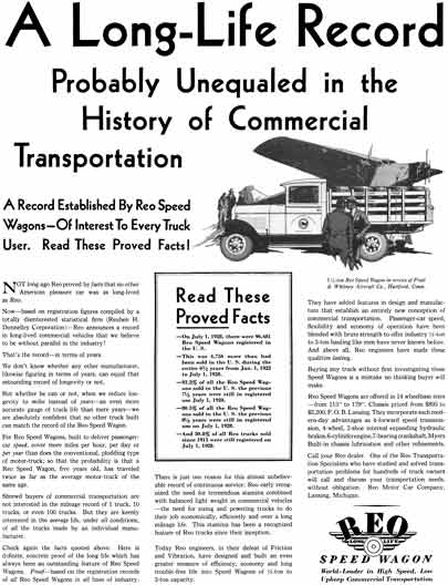 REO 1929 - REO Speed Wagon Ad - A Long Life Record Probably Unequaled in the History of Commercial