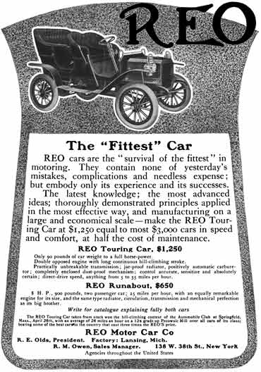 REO c1915 - REO Ad - REO The Fittest Car - Touring & Runabout Prices