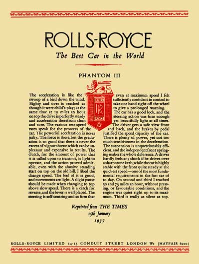 Rolls Royce 1937 - Rolls Royce - The Best Car in the World - Phantom III - Article Reprint