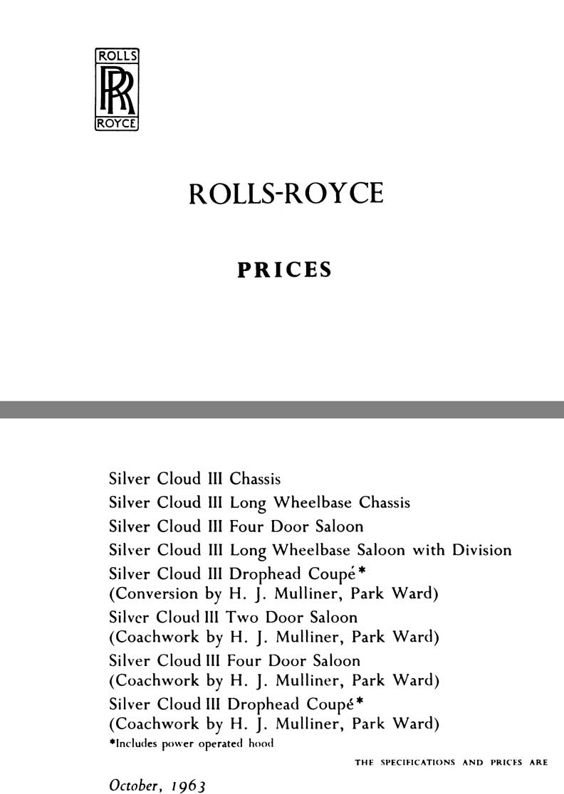 Rolls Royce 1963 - Rolls Royce Prices (Silver Cloud III) October 1963