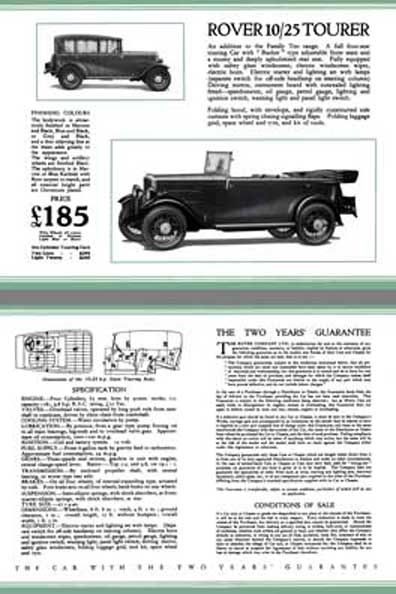 Rover 1931 - Rover 10/25 Tourer Spec Sheet