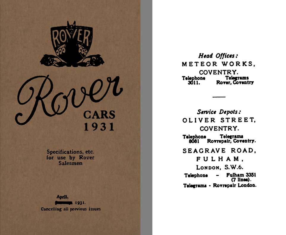 Rover 1931 - Rover Cars 1931 - Specifications, etc. for use by Rover Salesmen