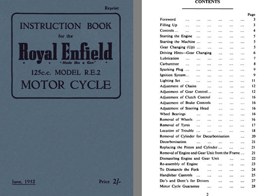 Royal Enfield - Instruction Book for the Royal Enfield 125cc Model R.E.2 Motor Cycle
