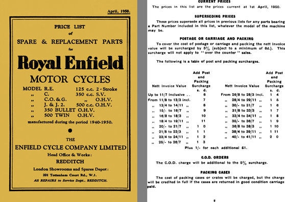 Royal Enfield - Price List of Spare & Replacement Parts for Royal Enfield Motor Cycles