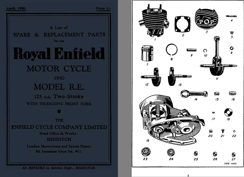 Royal Enfield 1950 Spare & Replacement Parts for Model R.E. 125cc Two Stroke w- Telescopic Frt Frks